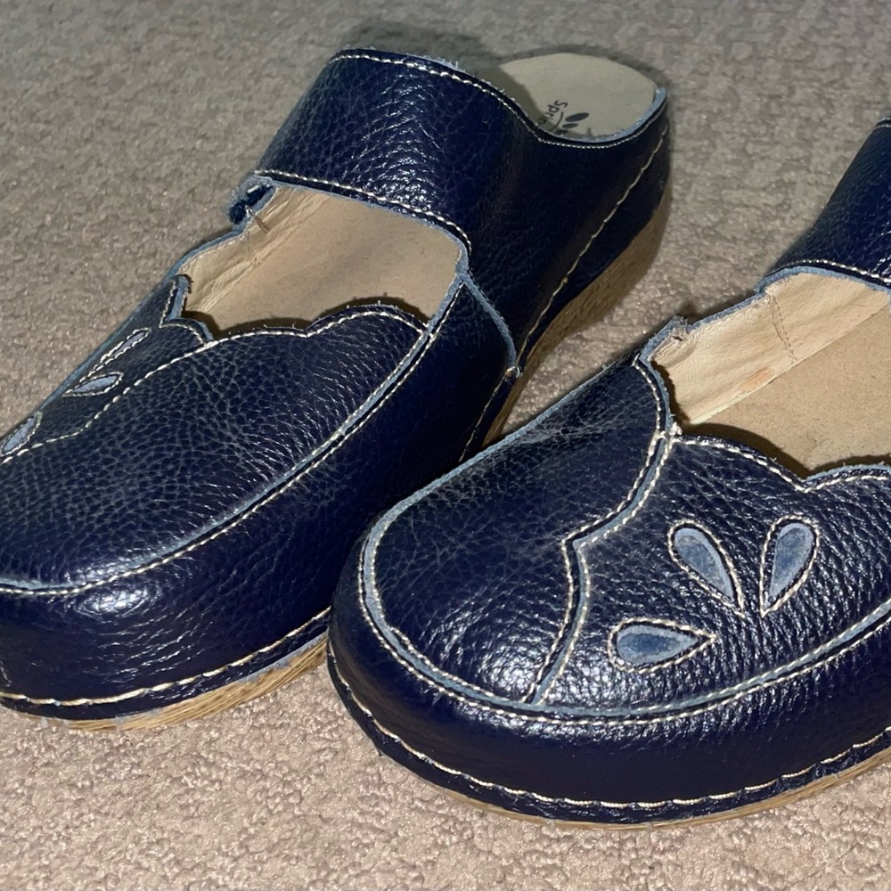 Navy Faux Leather Velcro Clog Sandal Floral Design